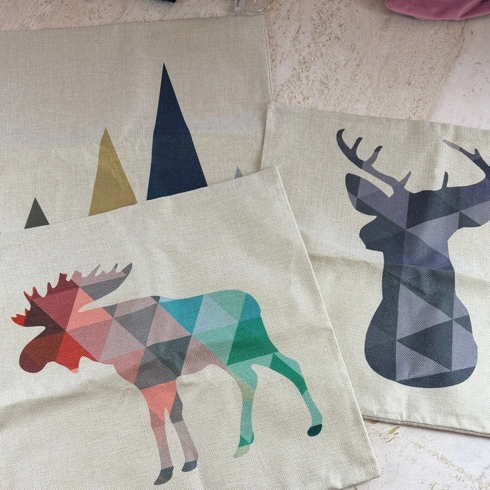 NWOT 3 Pillow Covers Geometric Mountain, Deer, Moose